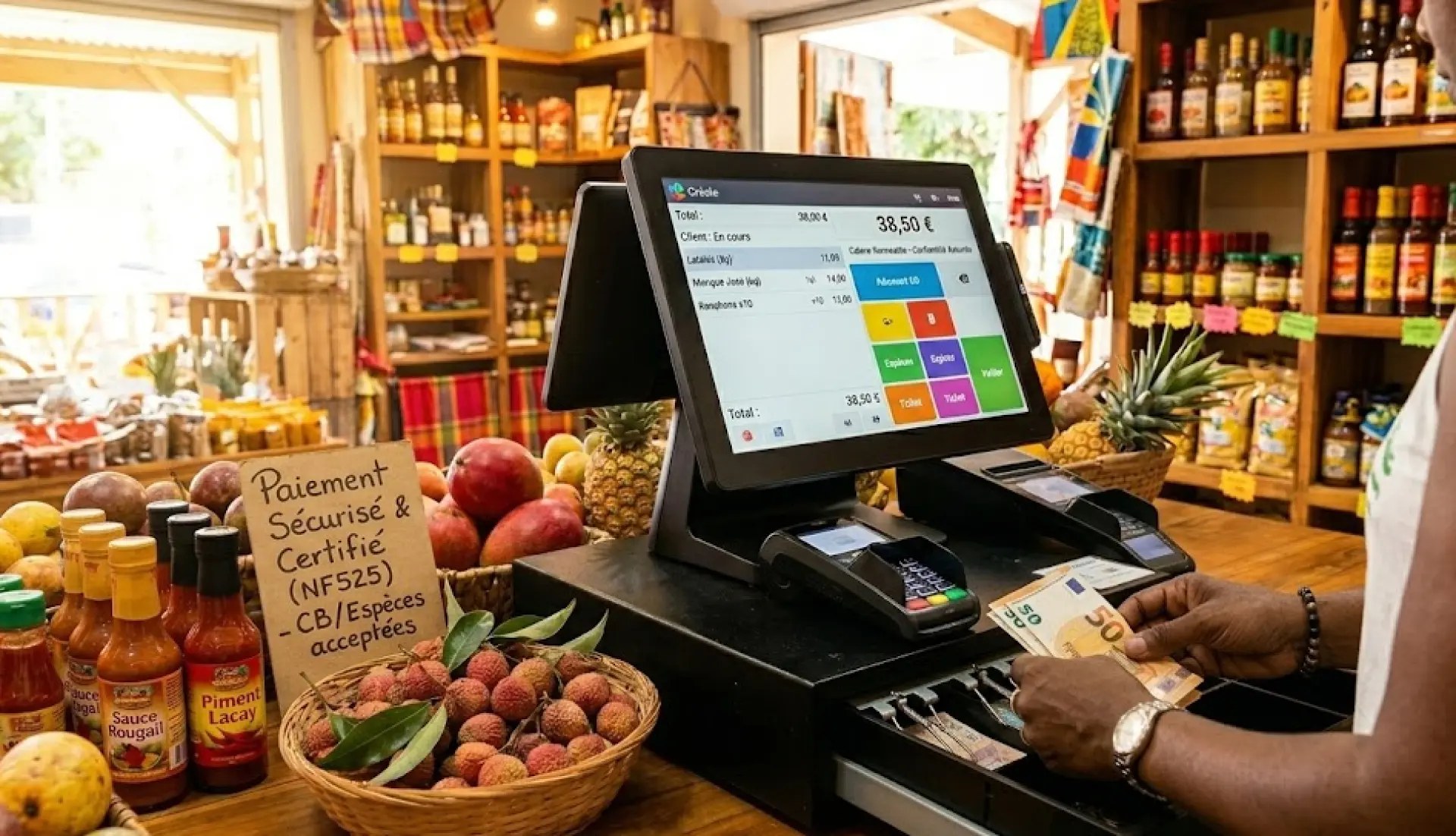 Logiciel de caisse sur écran tactile au comptoir d'un commerce