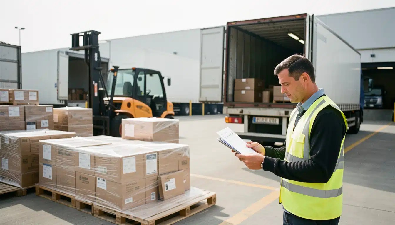 Camion et cartons palettisés prêts pour une expédition couverte par une assurance transport de marchandises